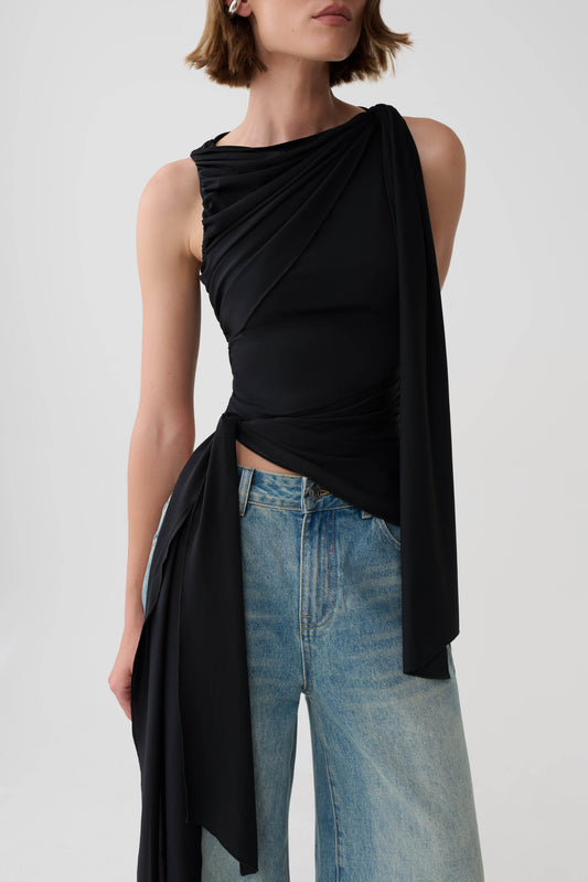 Amabel Gather Knot Sleeveless Top - Black