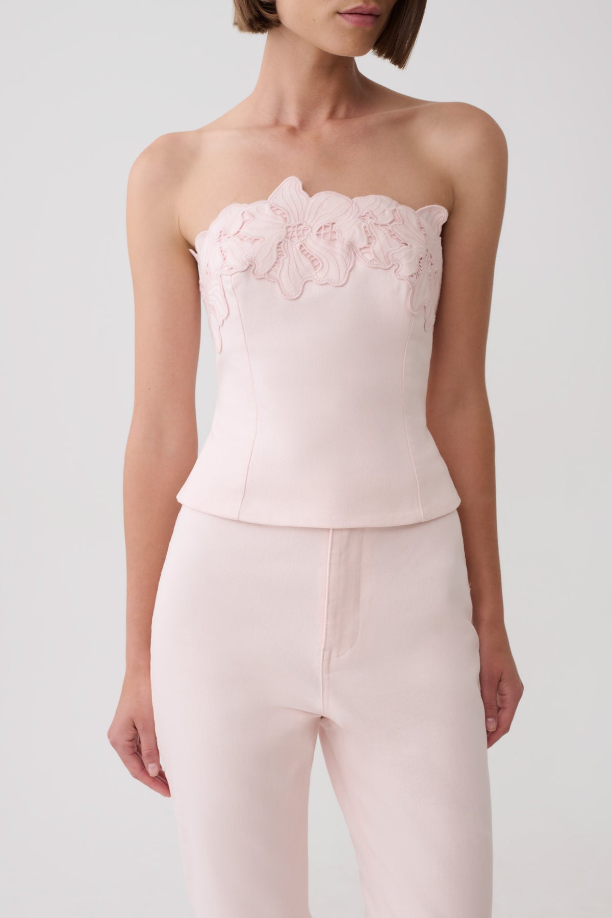 Tillie Flower Embroidery Strapless Denim Top - Baby Pink