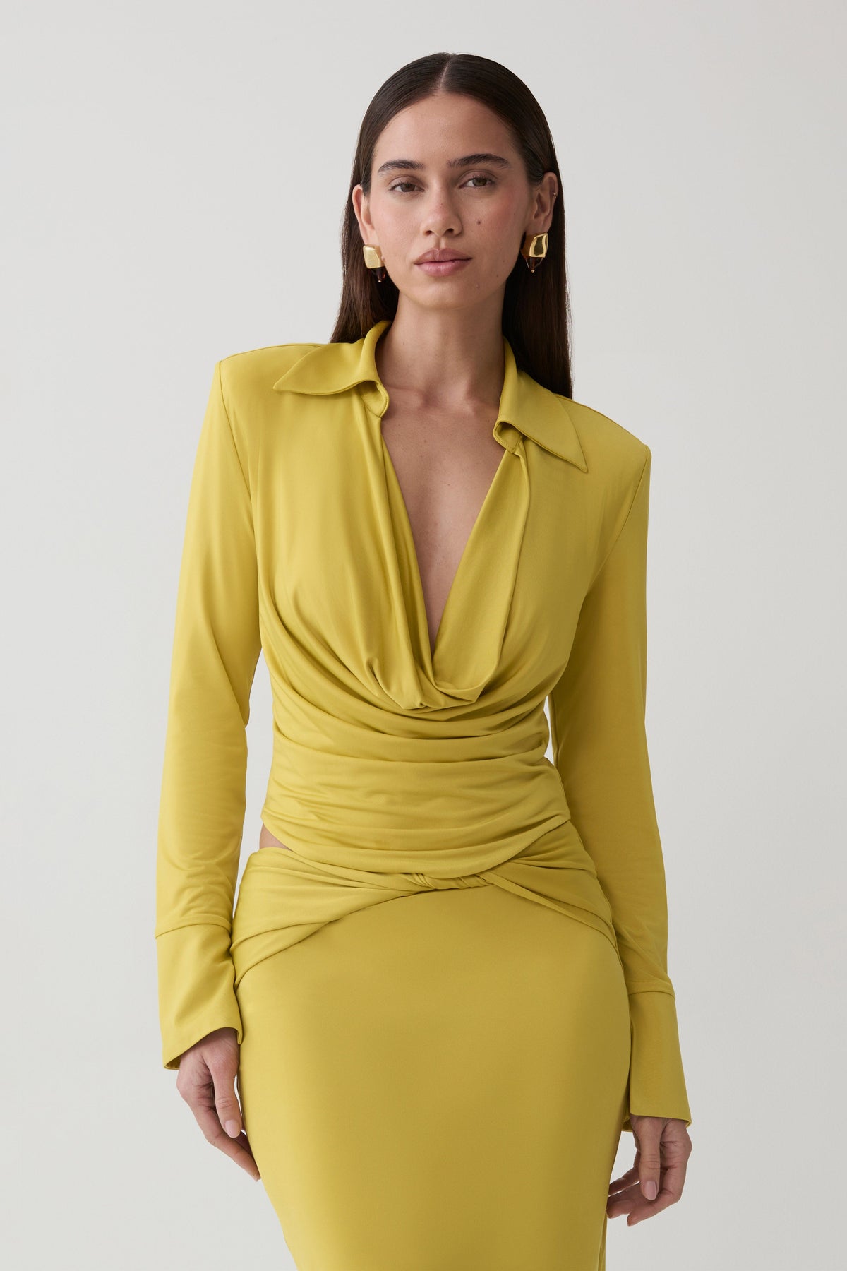 Elmira Long Sleeve Slinky Gather Detail Top - Chartreuse
