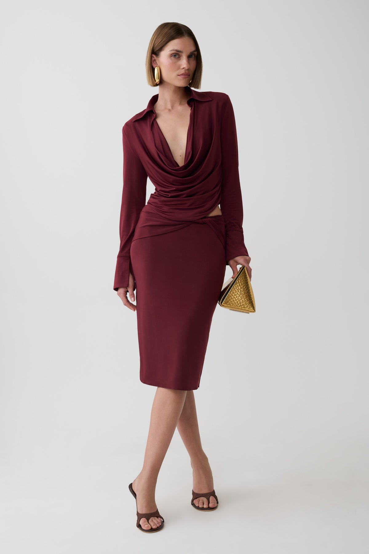 Elmira Long Sleeve Slinky Gather Detail Top - Wine #4