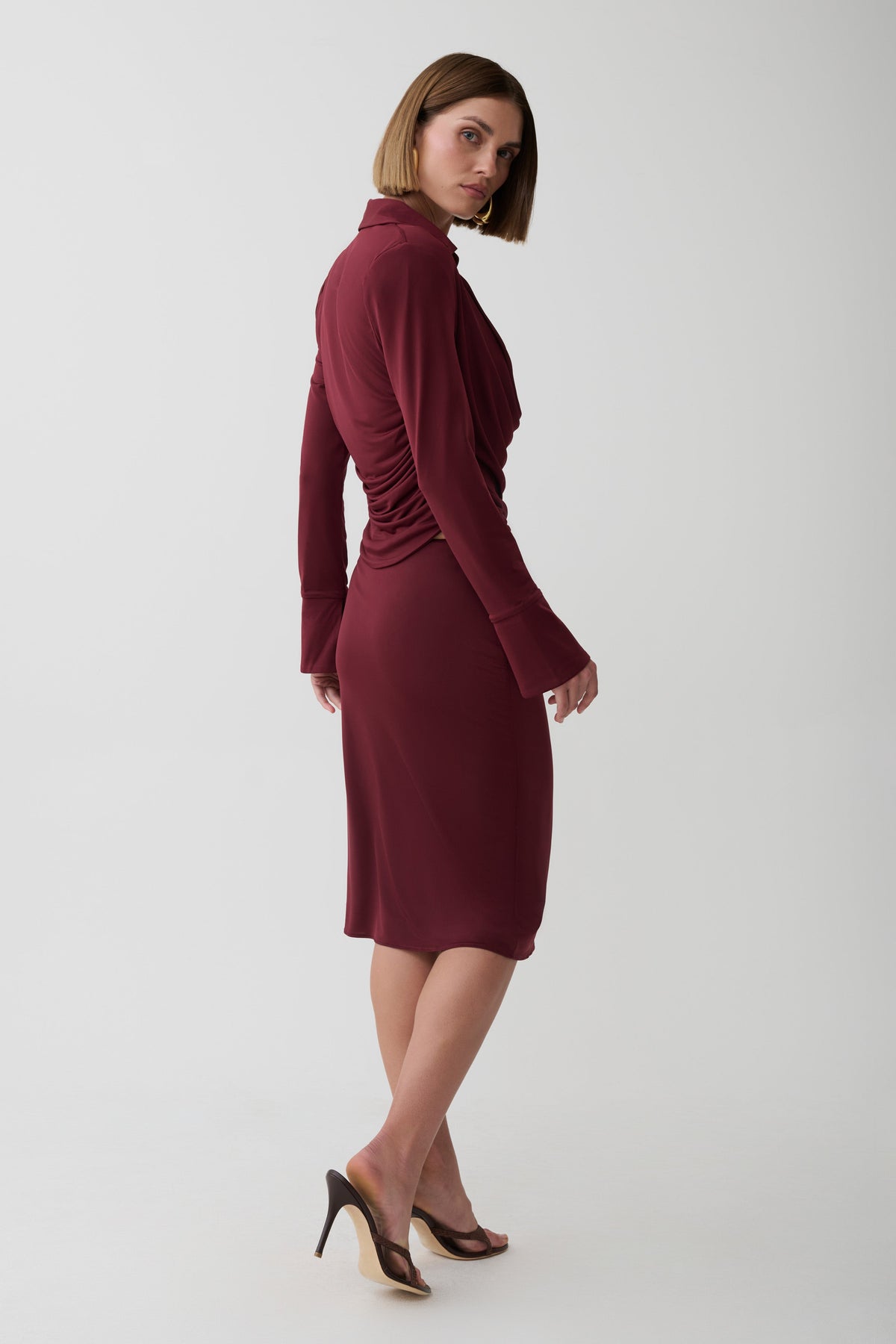 Elmira Long Sleeve Slinky Gather Detail Top - Wine #2