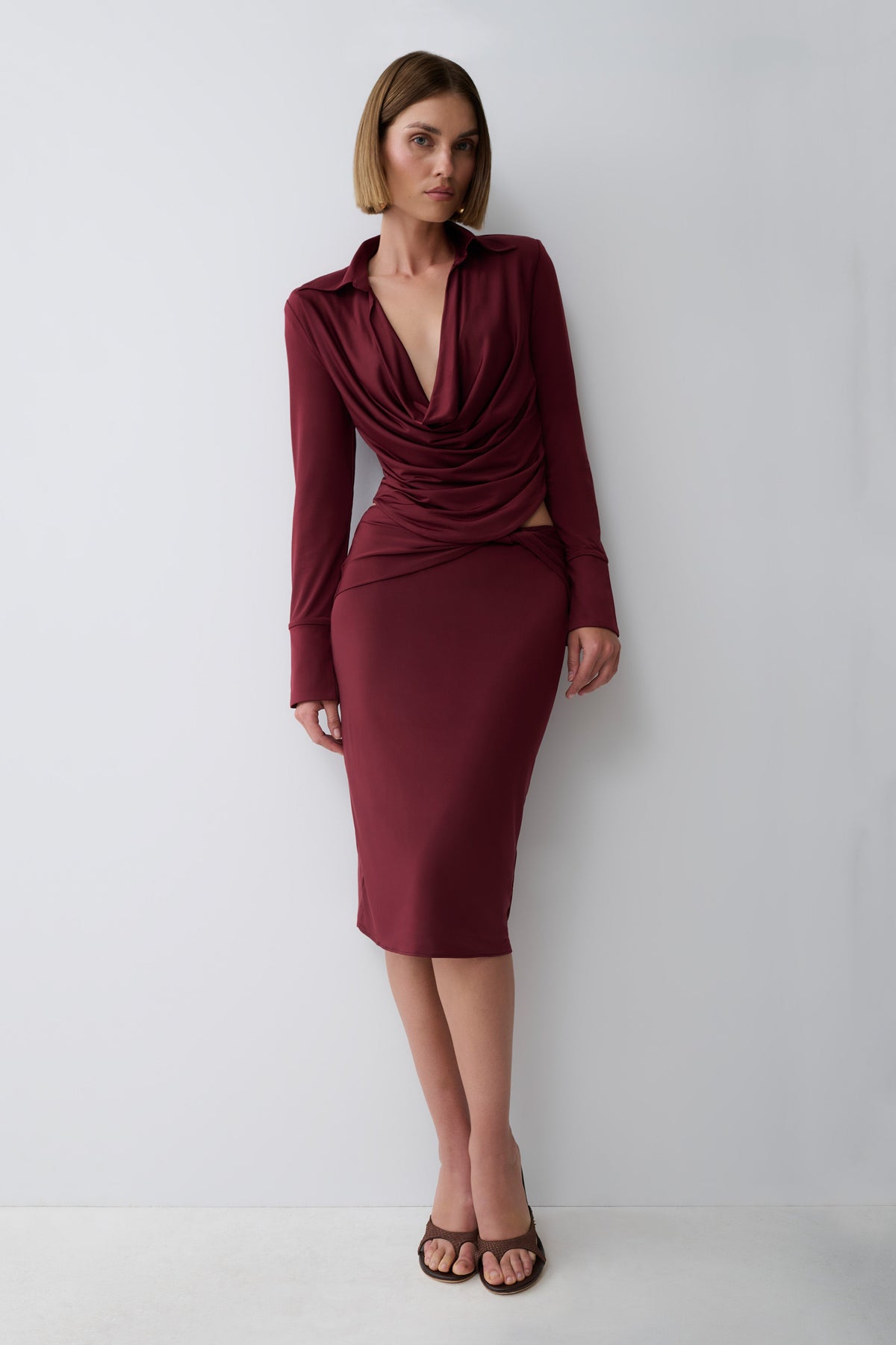 Elmira Long Sleeve Slinky Gather Detail Top - Wine #5