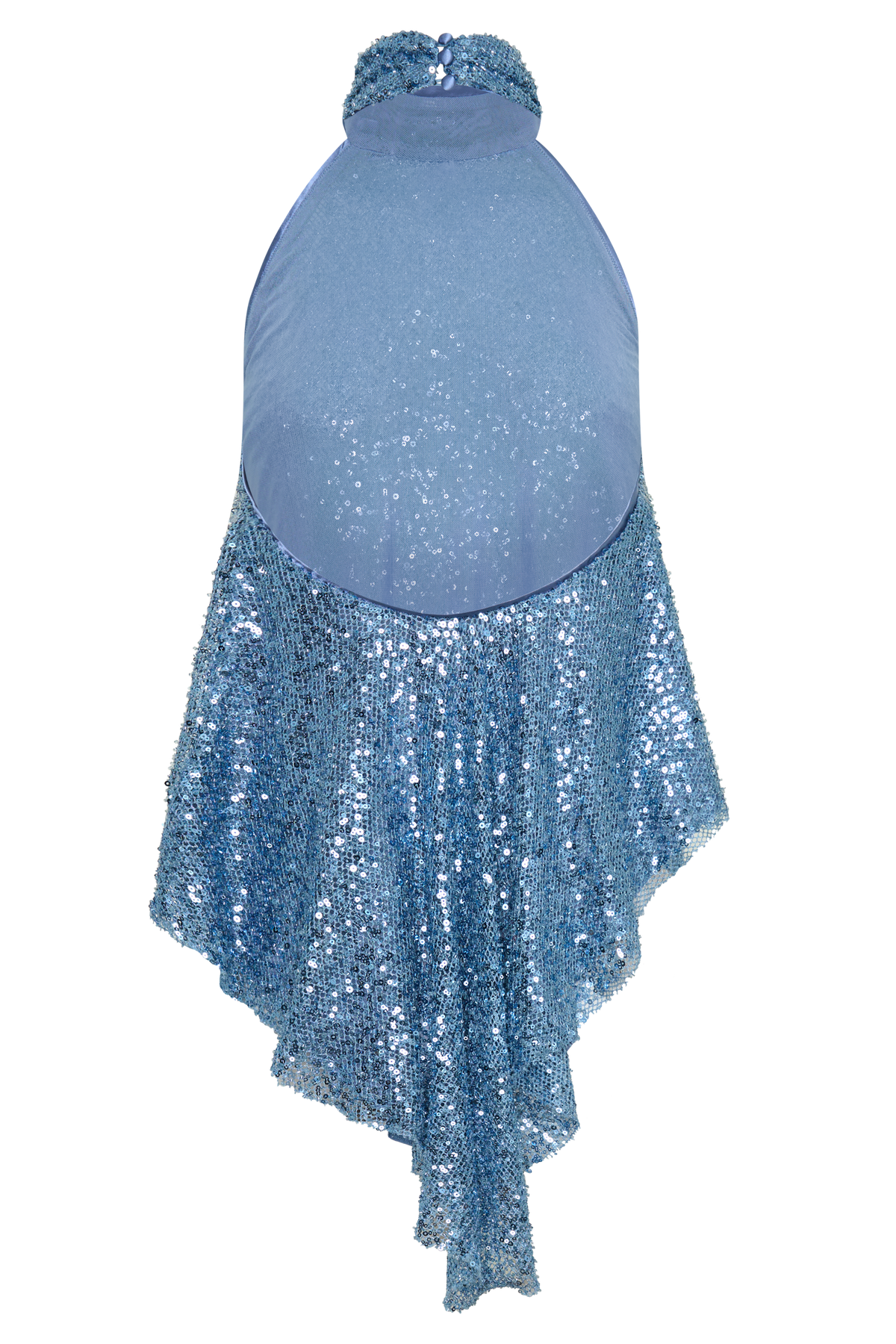 A model wearing a light blue sequined halter top with a sheer underlayer, posing against a plain white studio background.