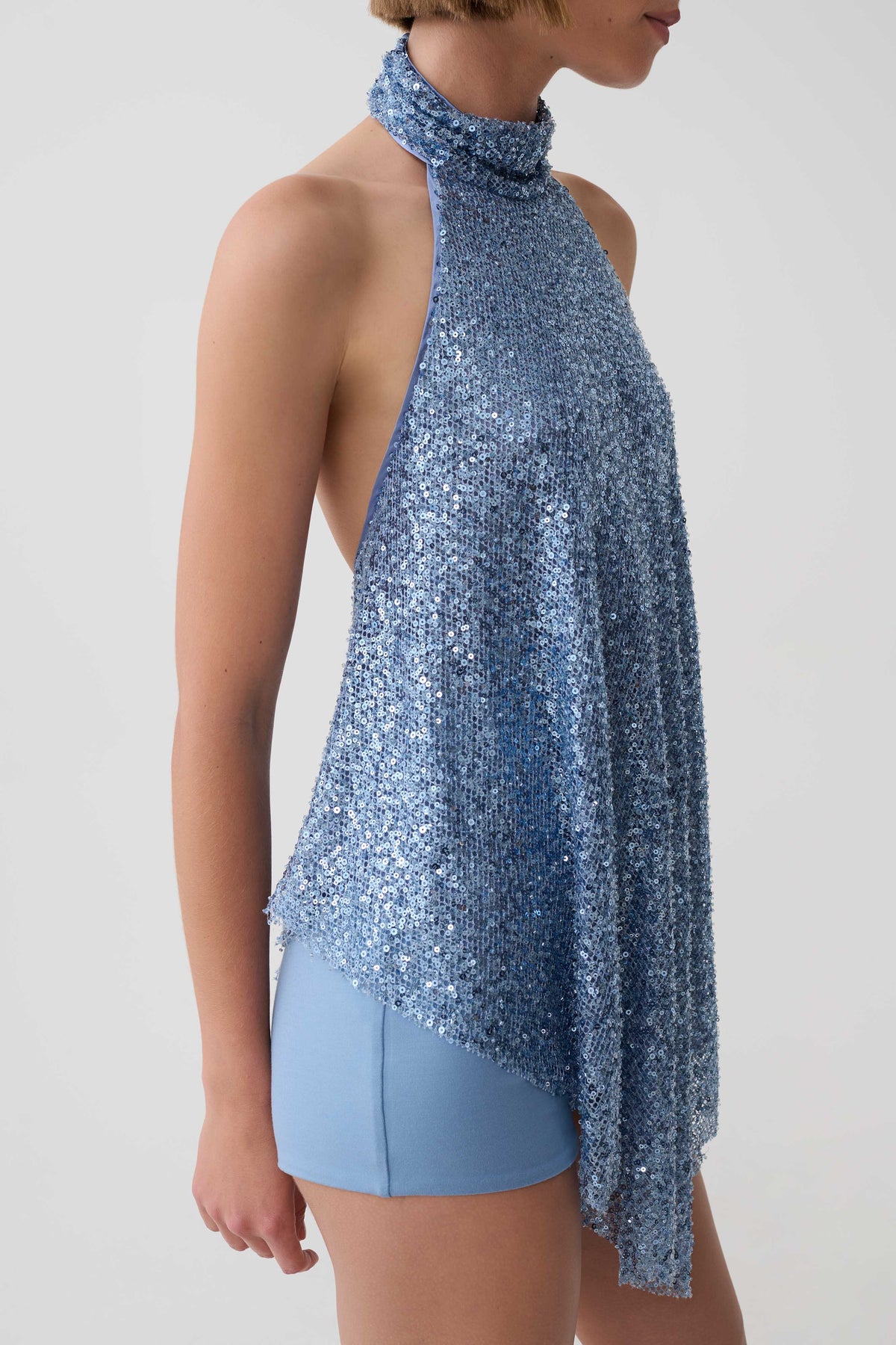 Ruby Beaded Sheer Longline Top - Blue