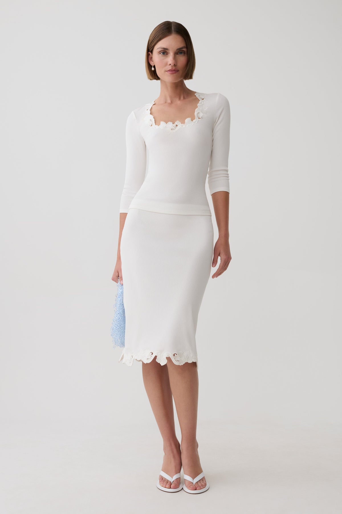Jane Broiderie Ribbed Long Sleeve Top - White #5