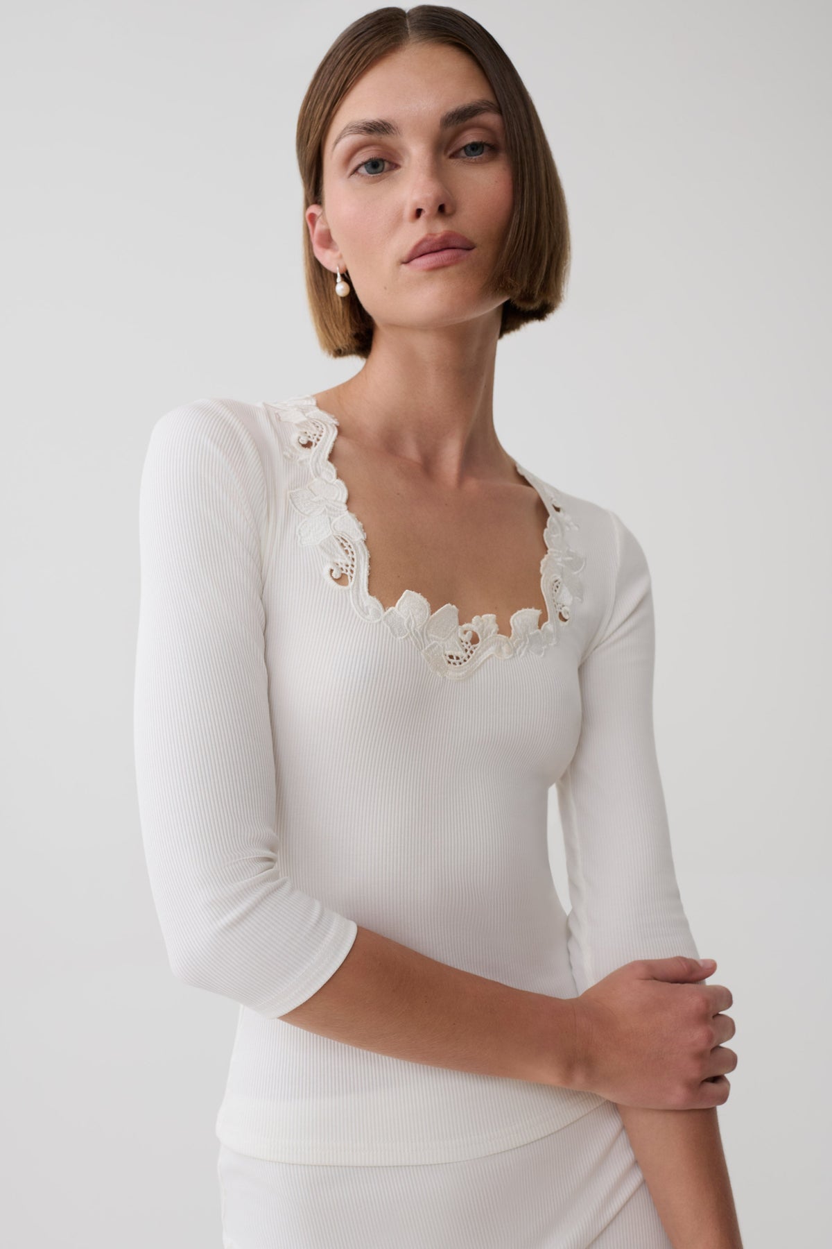 Jane Broiderie Ribbed Long Sleeve Top - White #3