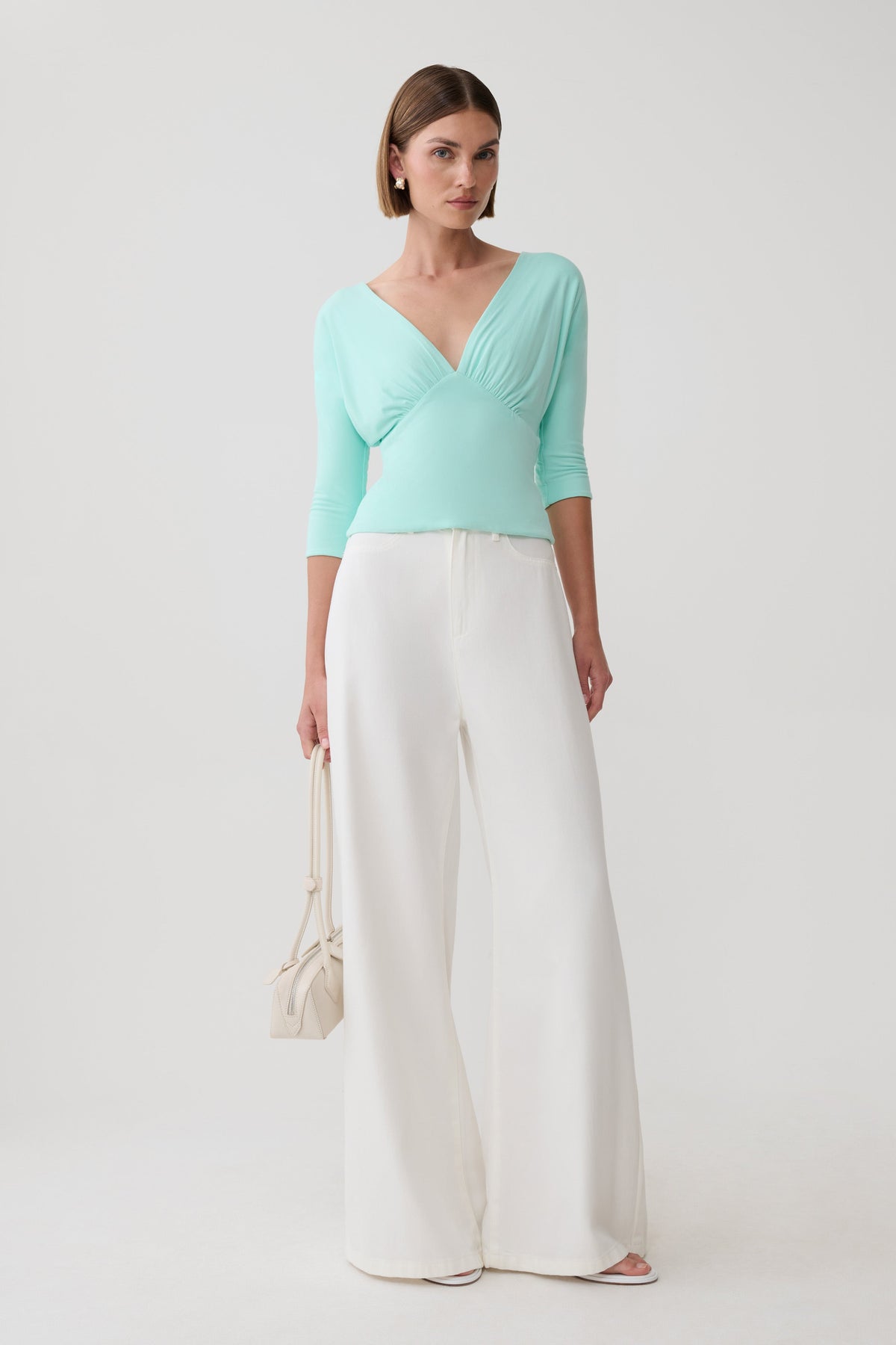 Mya Plunge V Neck Short Sleeve Top - Aqua Blue
