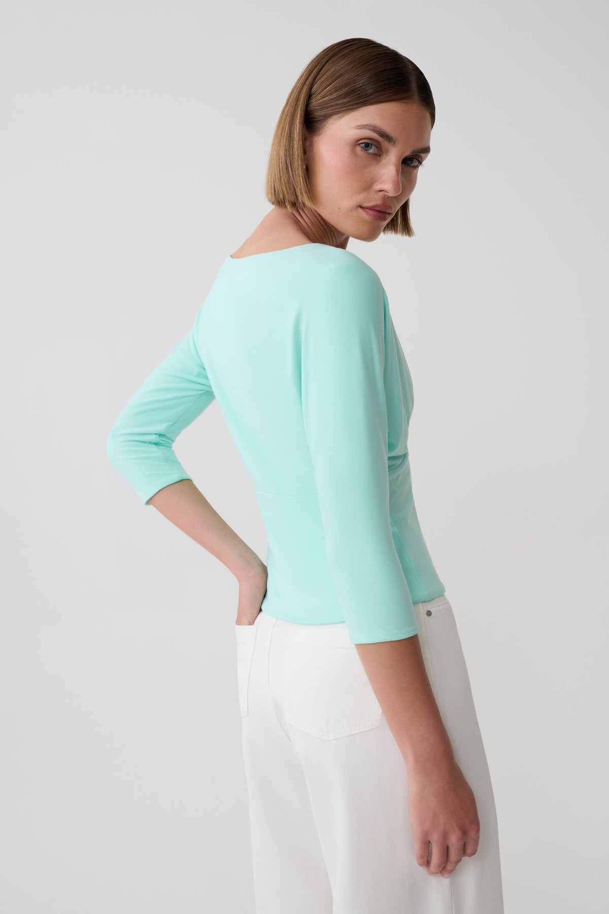 Mya Plunge V Neck Short Sleeve Top - Aqua Blue