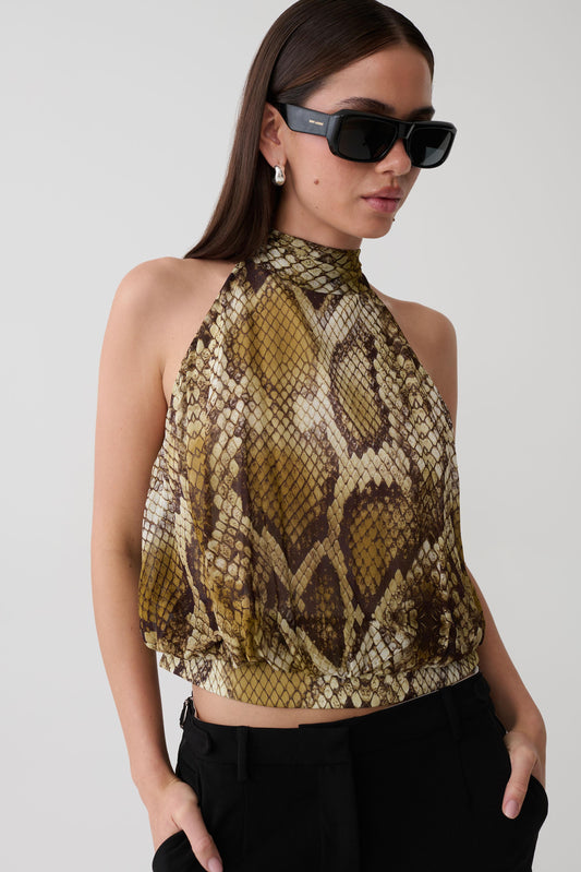 Eliana Tie Back Chiffon Sleeveless Top - Snake Print