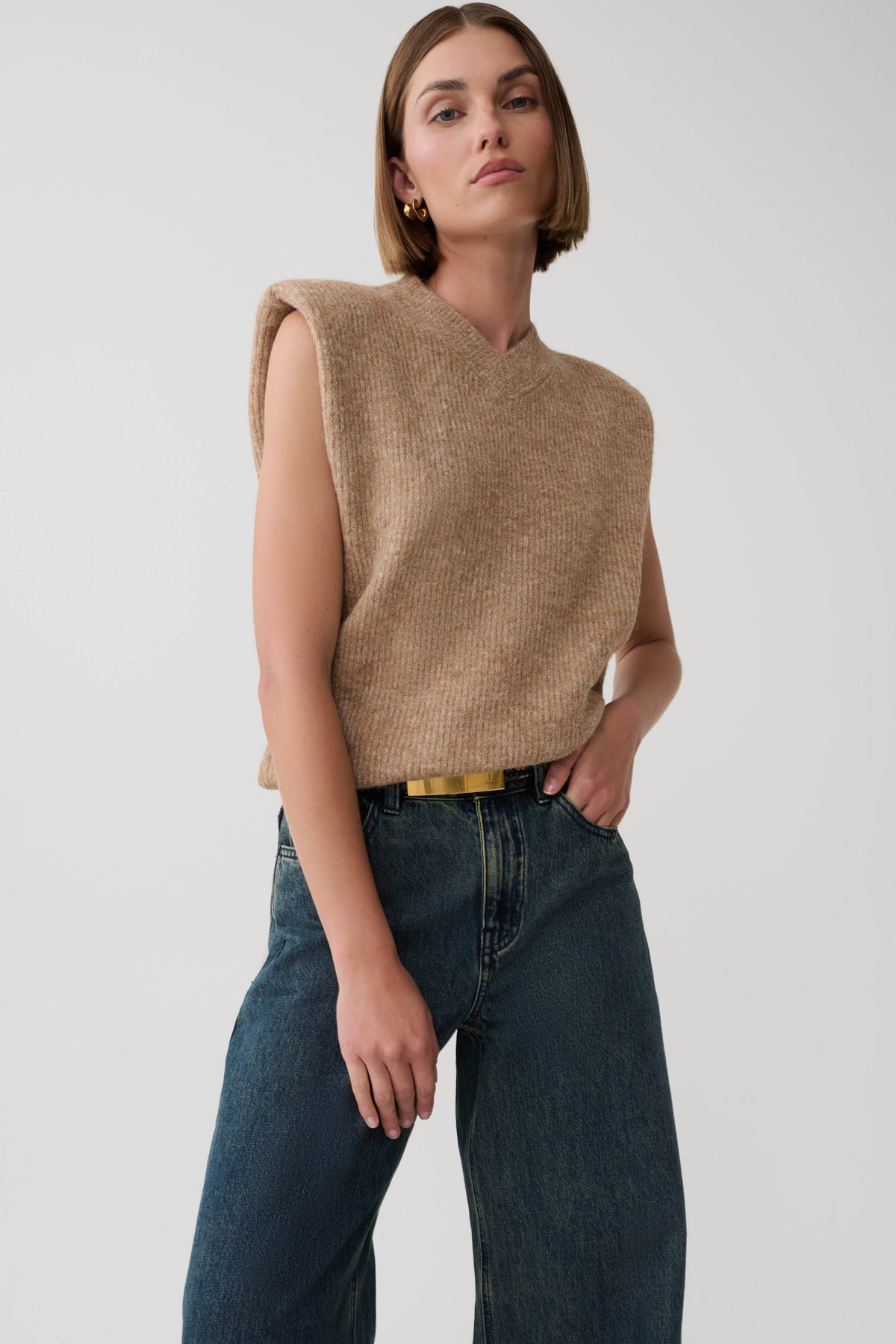 Briair Knit Vest With Shoulder Pads - Camel
