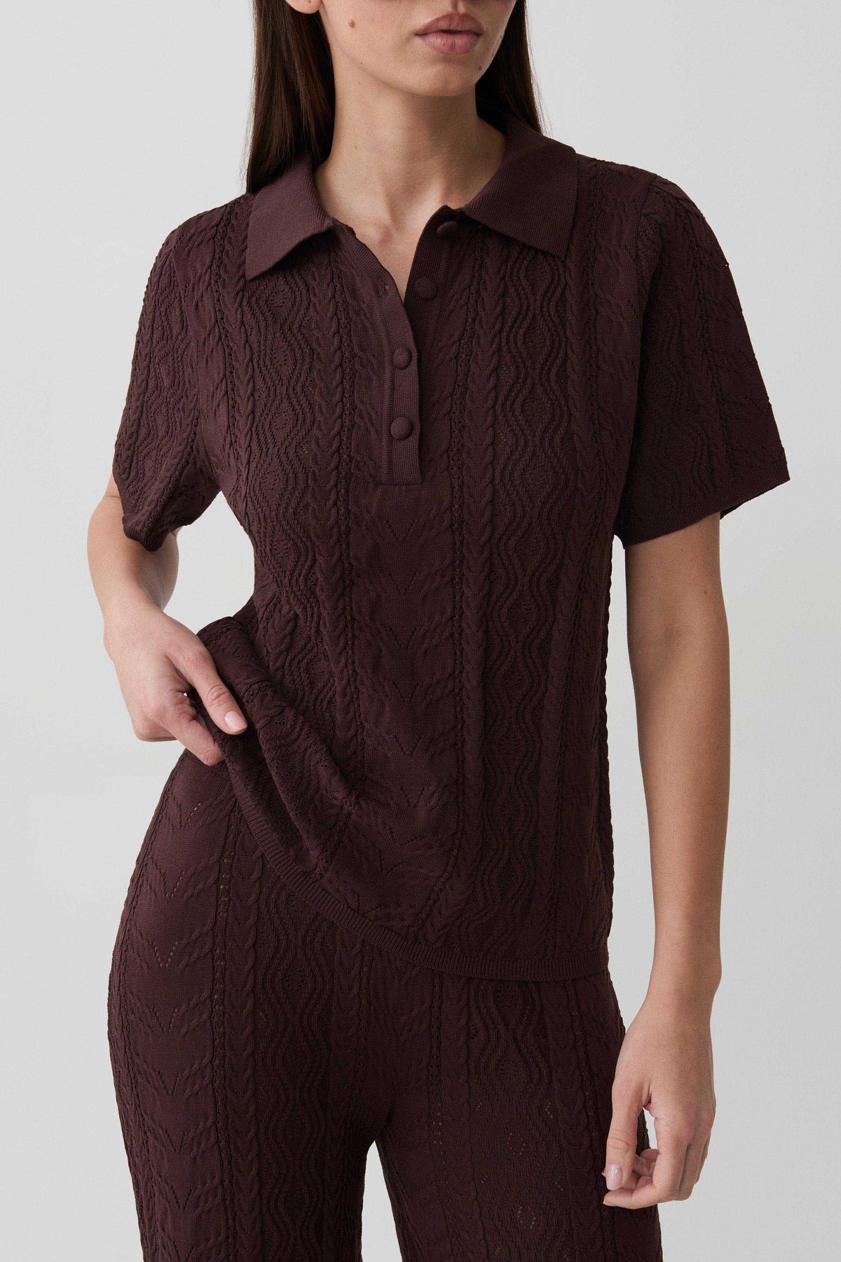 Jill Pointelle Knit Top - Chocolate