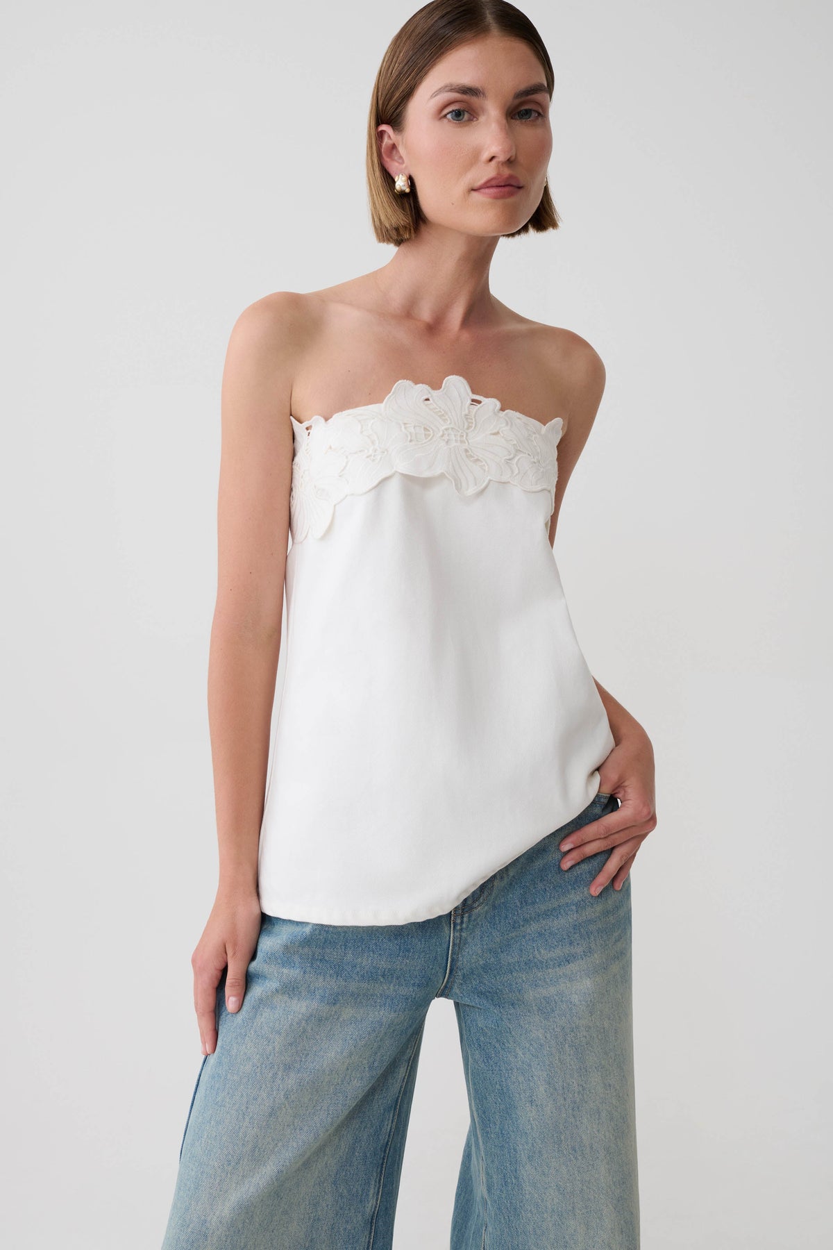 Anamarie Denim Floral Strapless Top - White