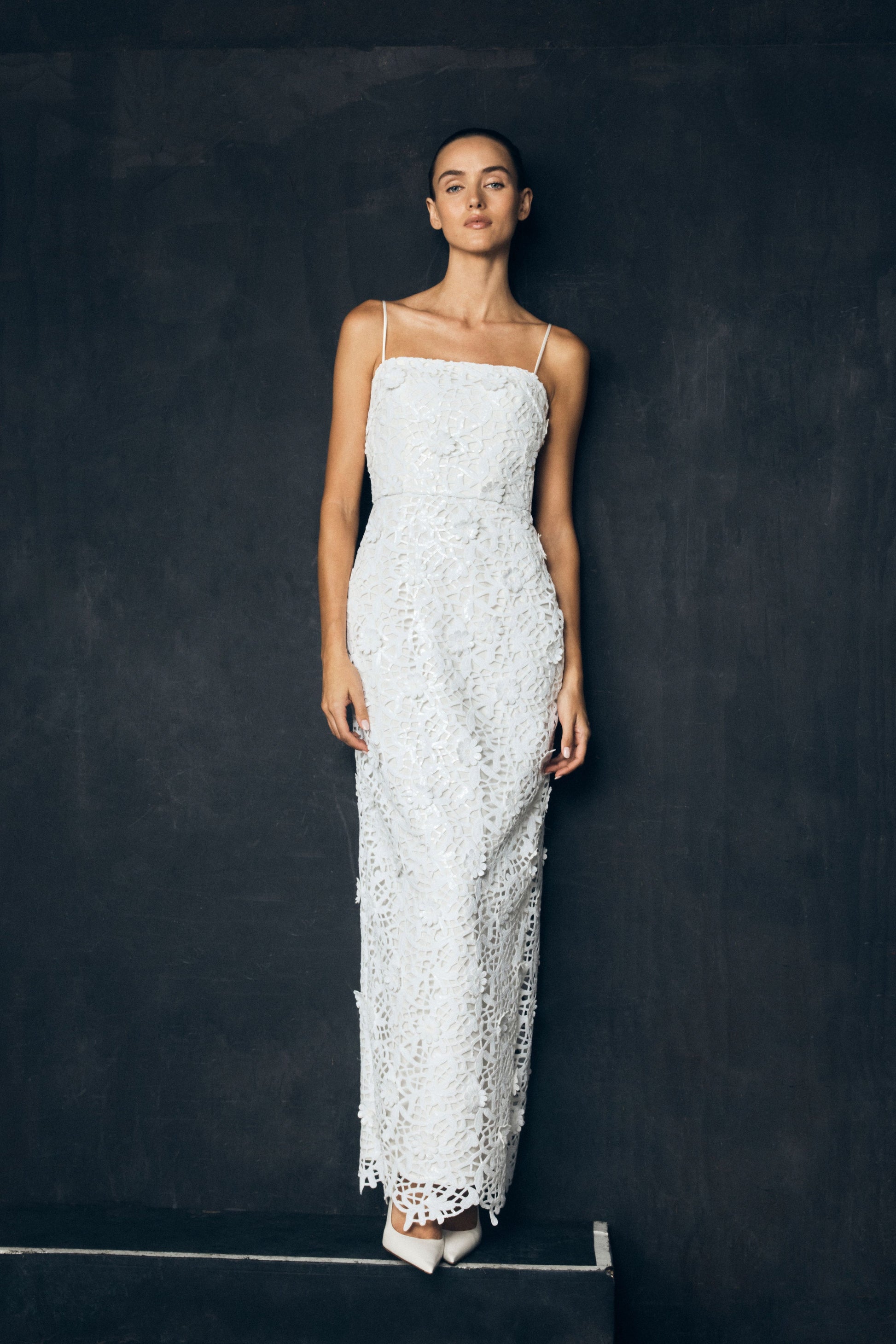 Josefa Sequin Lace Maxi Dress / White | MESHKI | XS Josefa Sequin Lace Maxi Dress / White | MESHKI | XS