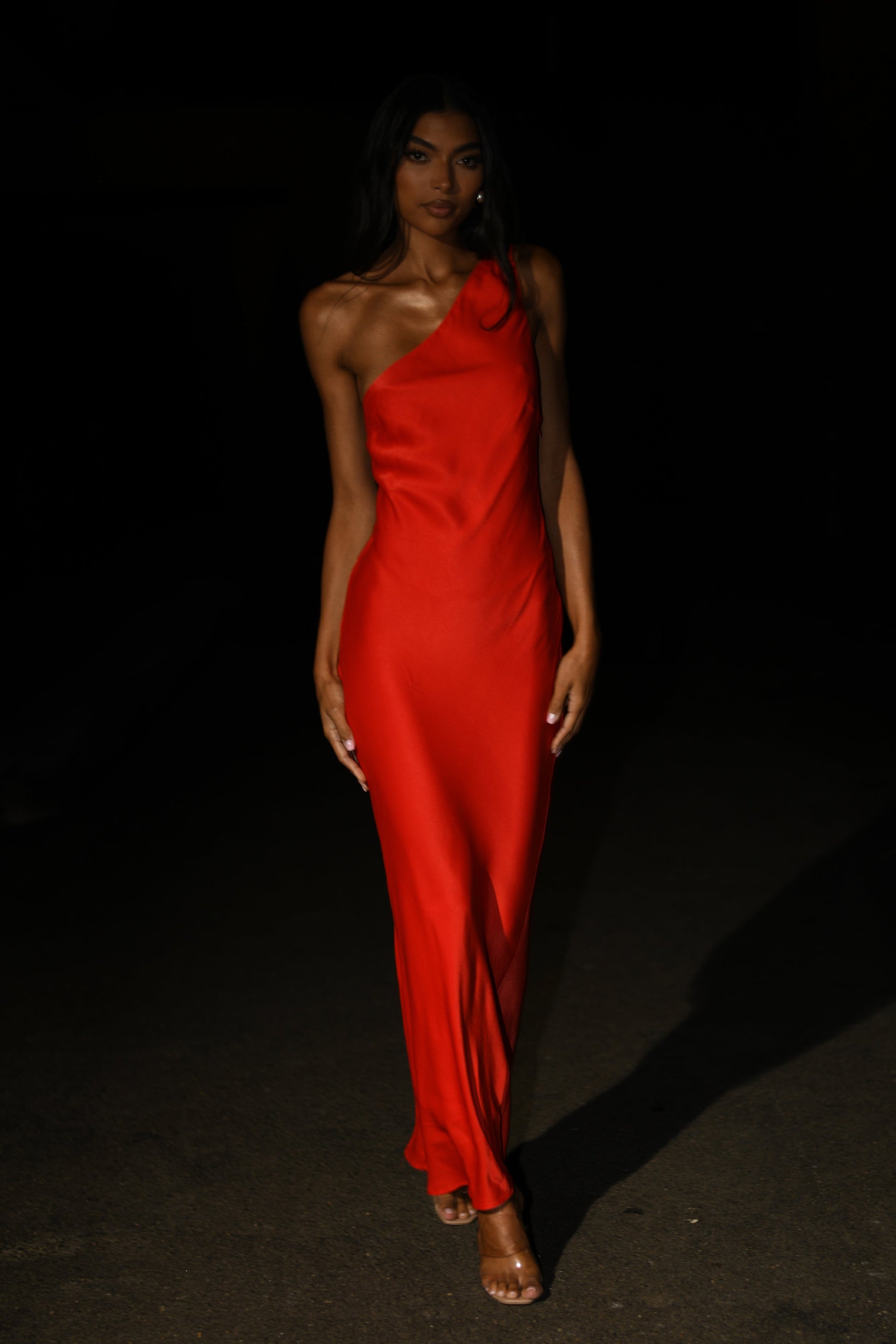 Alejandra One Shoulder Satin Maxi Dress - Vermilion Red - MESHKI U.S