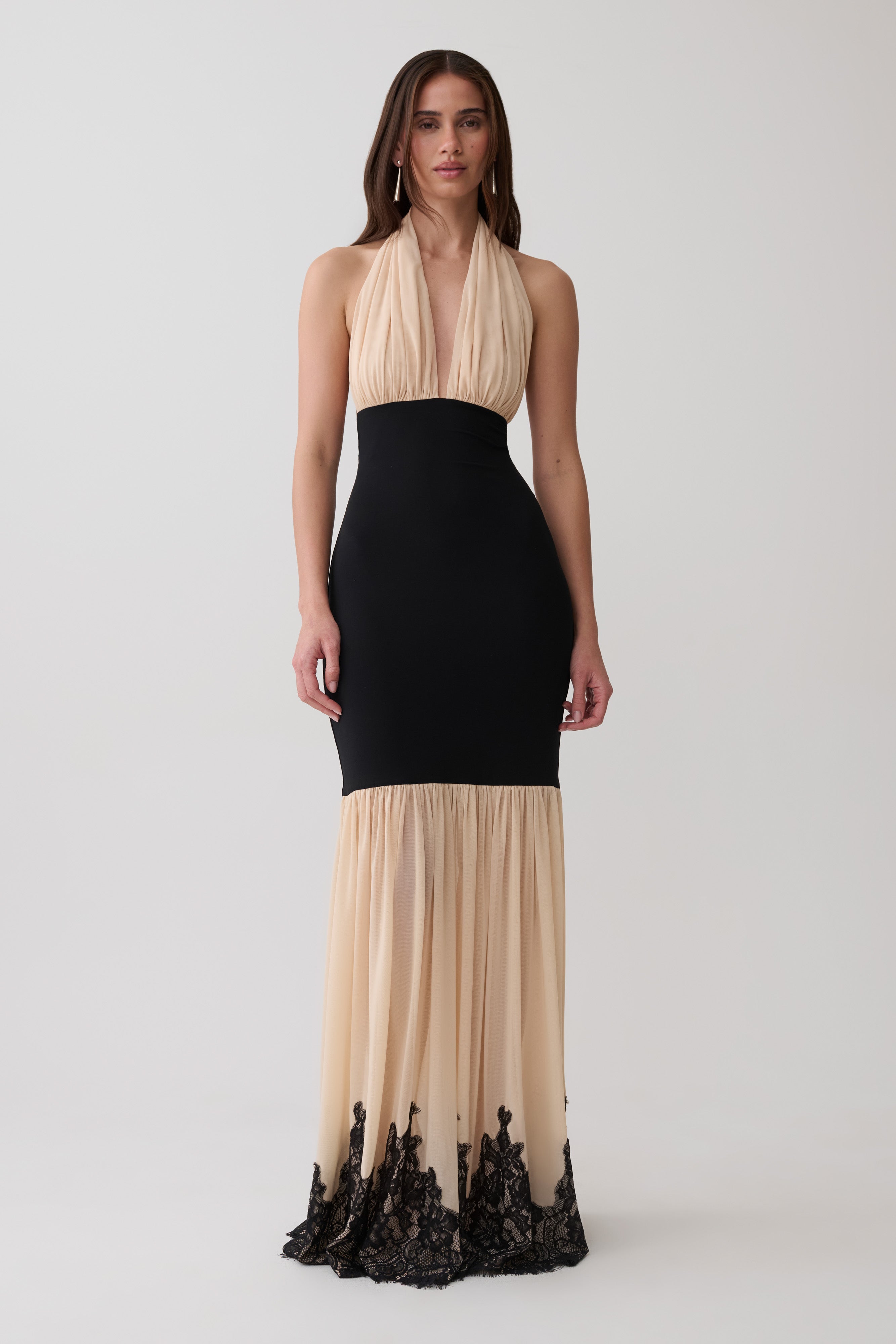 Leeana Jersey And Lace Halter Maxi Dress - Black/Nude | MESHKI US