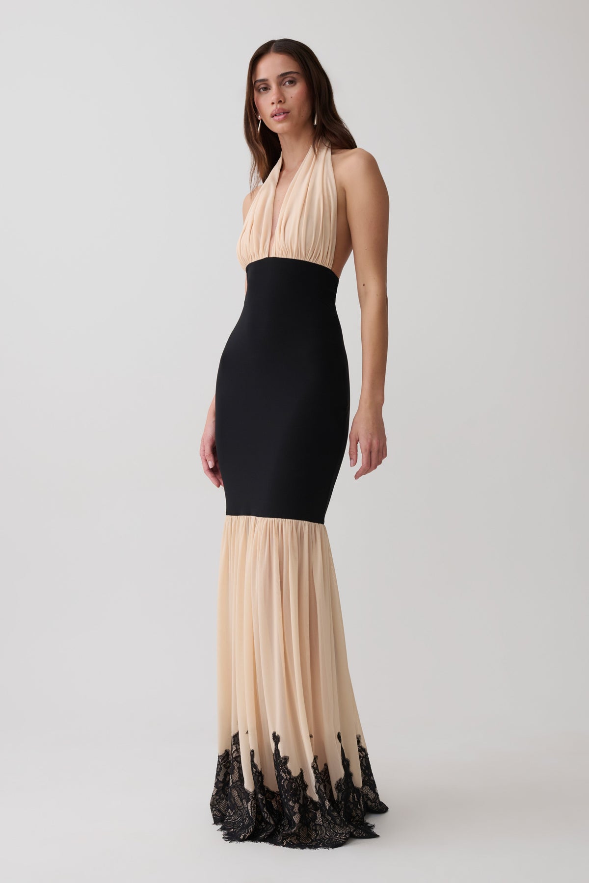 Leeana Jersey And Lace Halter Maxi Dress - Black/Nude