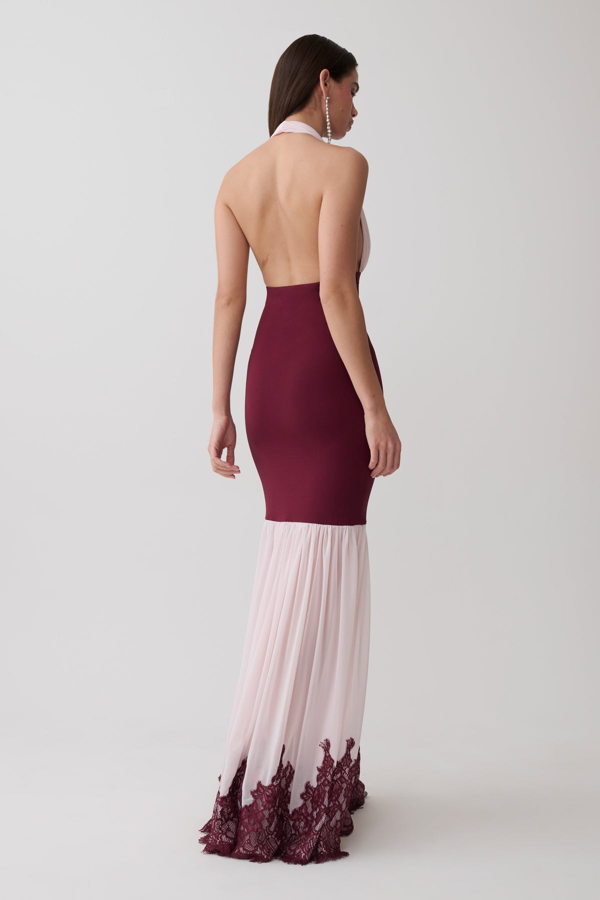 Leeana Jersey And Lace Halter Maxi Dress - Burgundy/Pink #2