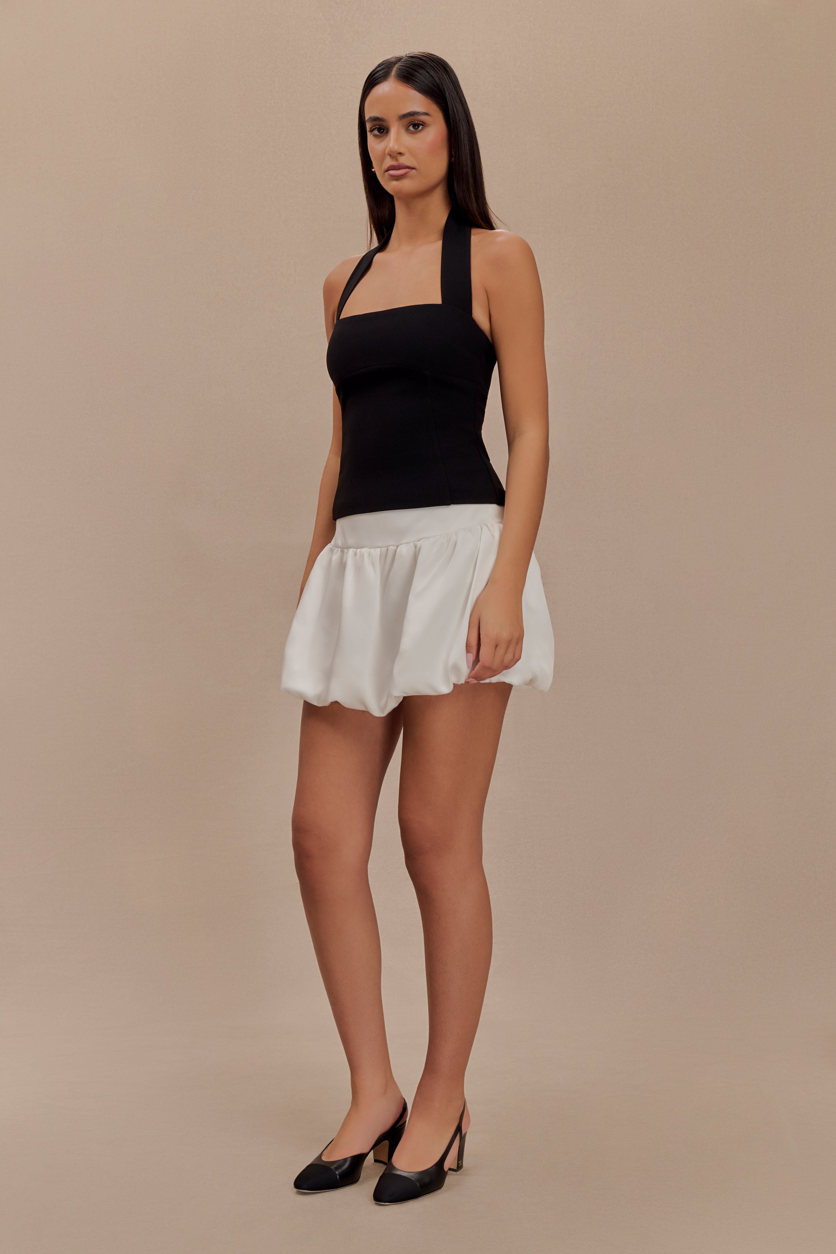 Genia Satin Bubble Mini Skirt - White | MESHKI US