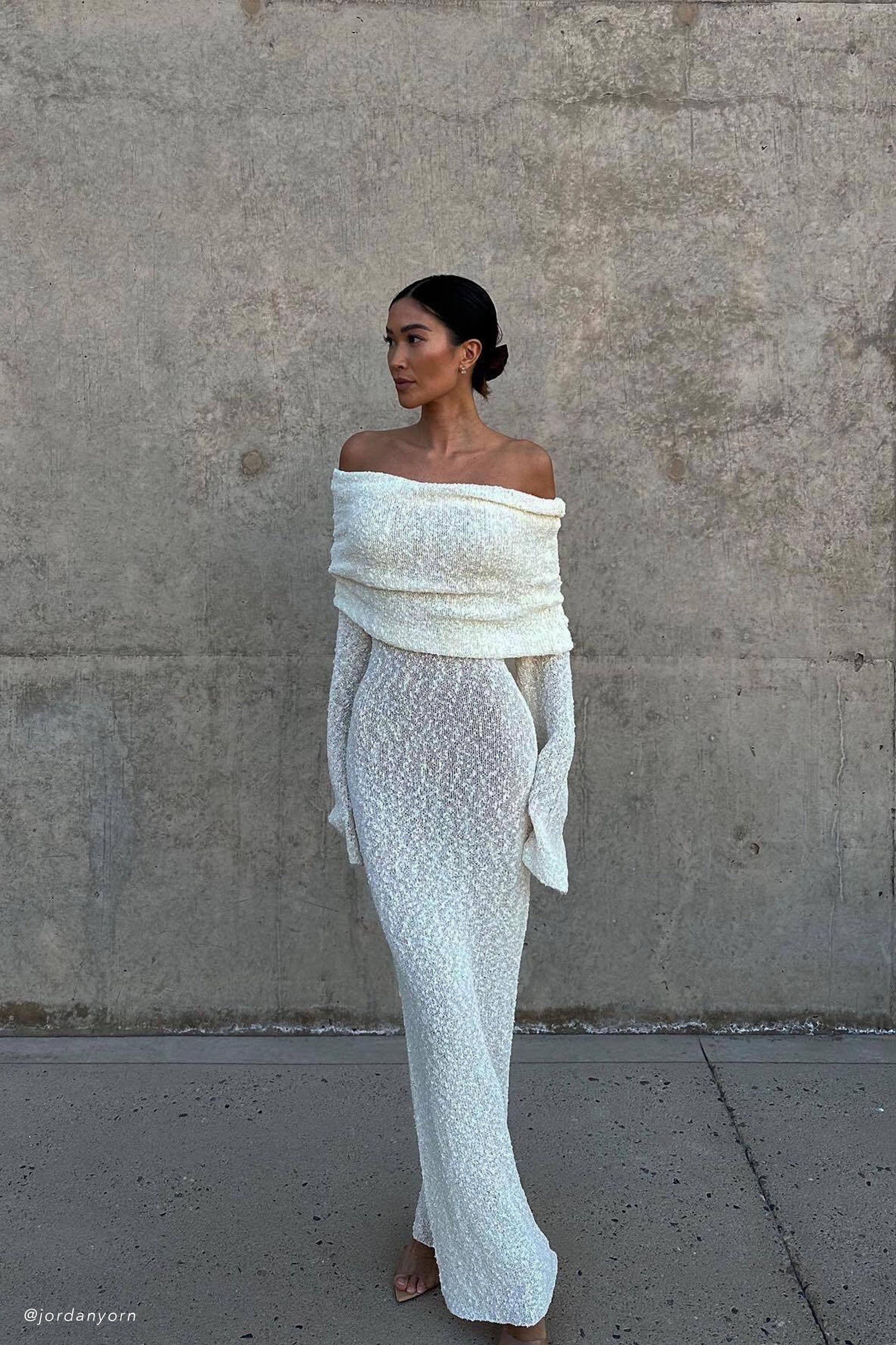 Marisol Off Shoulder Boucle Maxi Dress - Ivory | MESHKI US Marisol Off Shoulder Boucle Maxi Dress - Ivory | MESHKI US