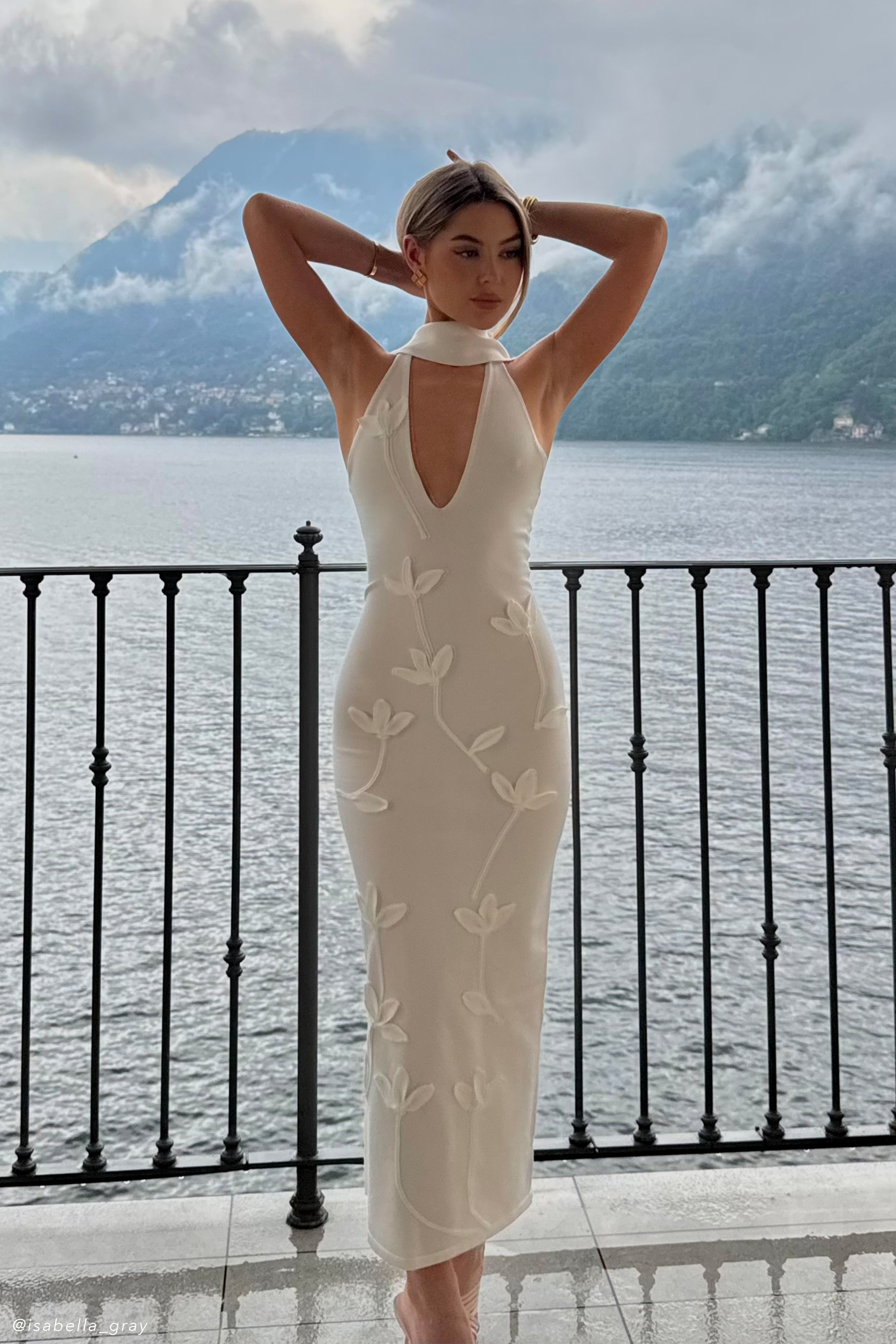 Wynn Floral Knit Midi Dress - White | MESHKI US