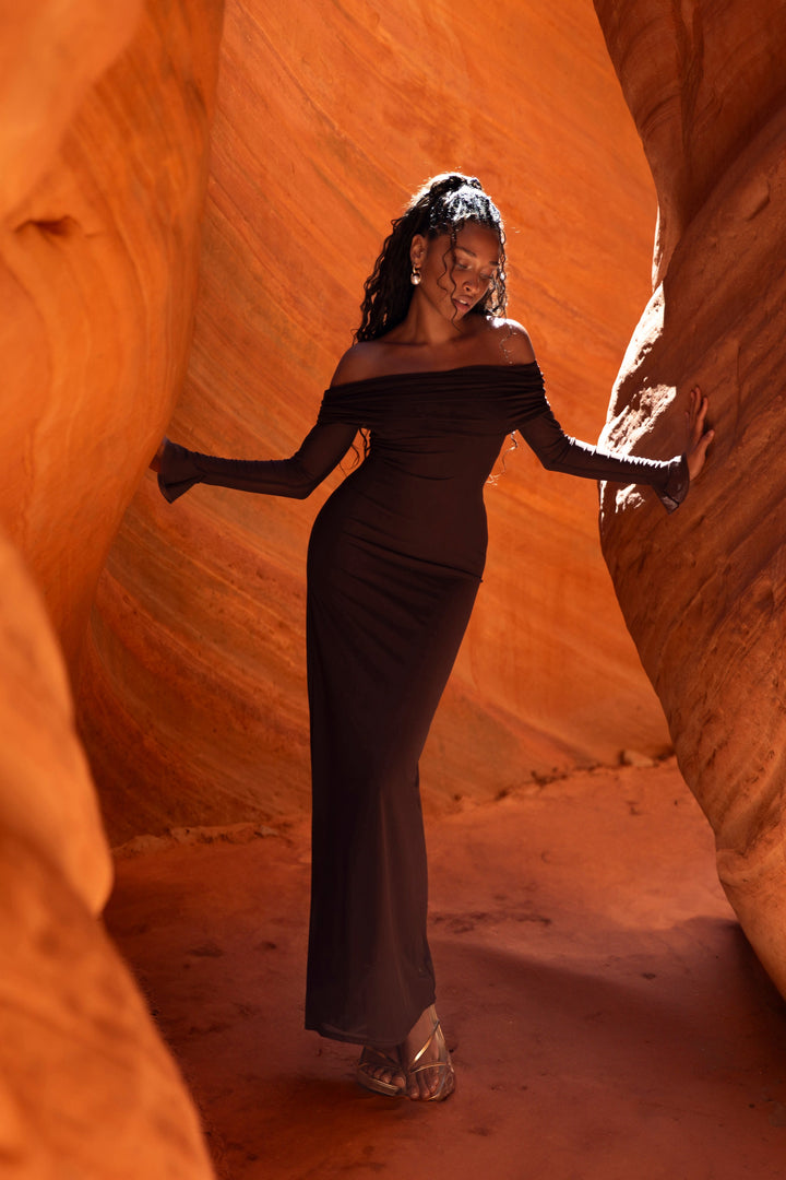 Josie Off Shoulder Mesh Maxi Dress Dark Brown MESHKI U.S