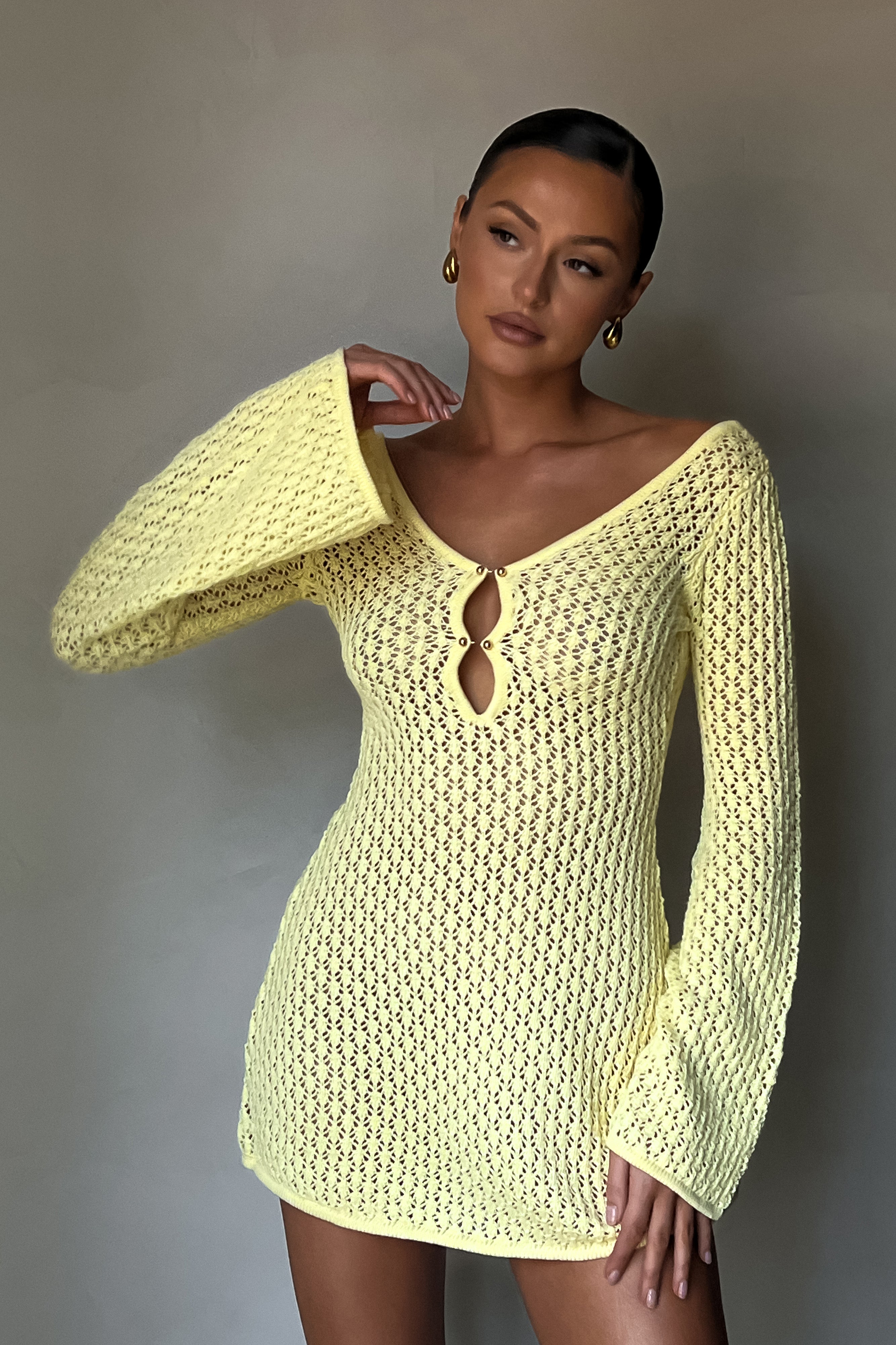 Kayleigh Crochet Knit Mini Dress - Lemon - MESHKI