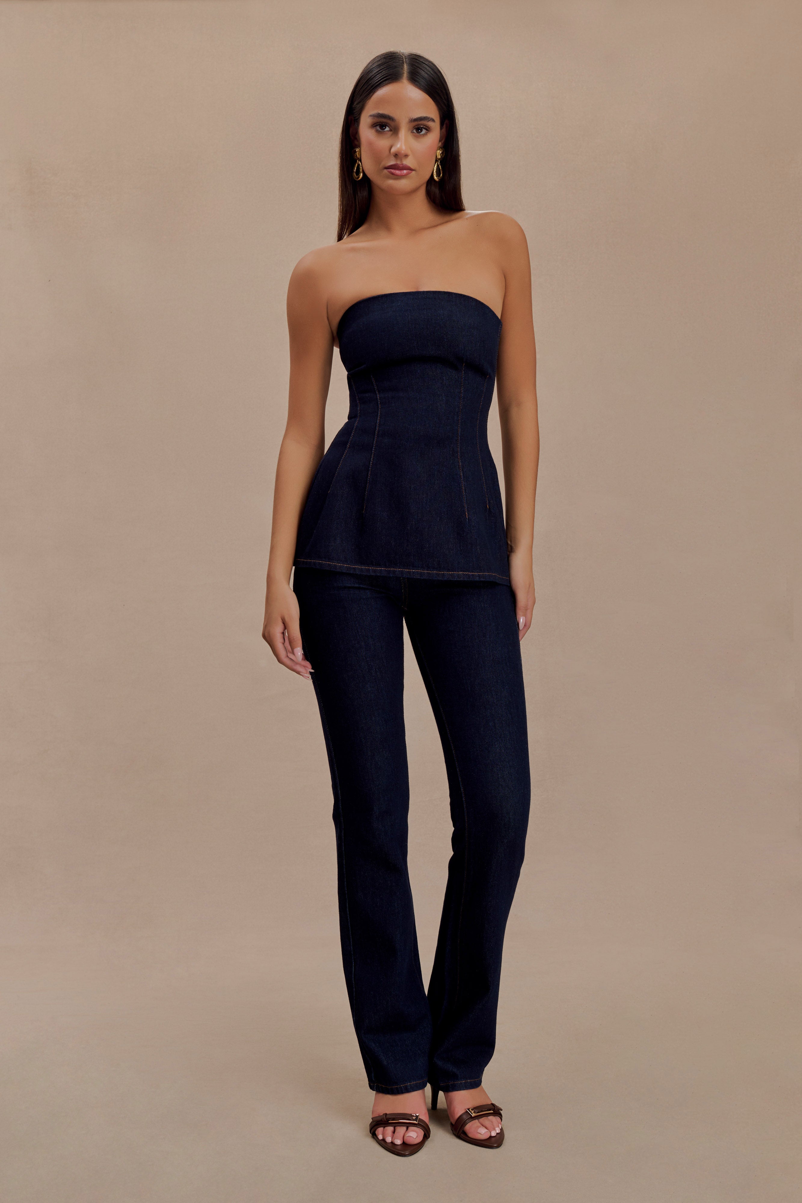 Madelyn Strapless Longline Denim Top - Indigo Blue | MESHKI US
