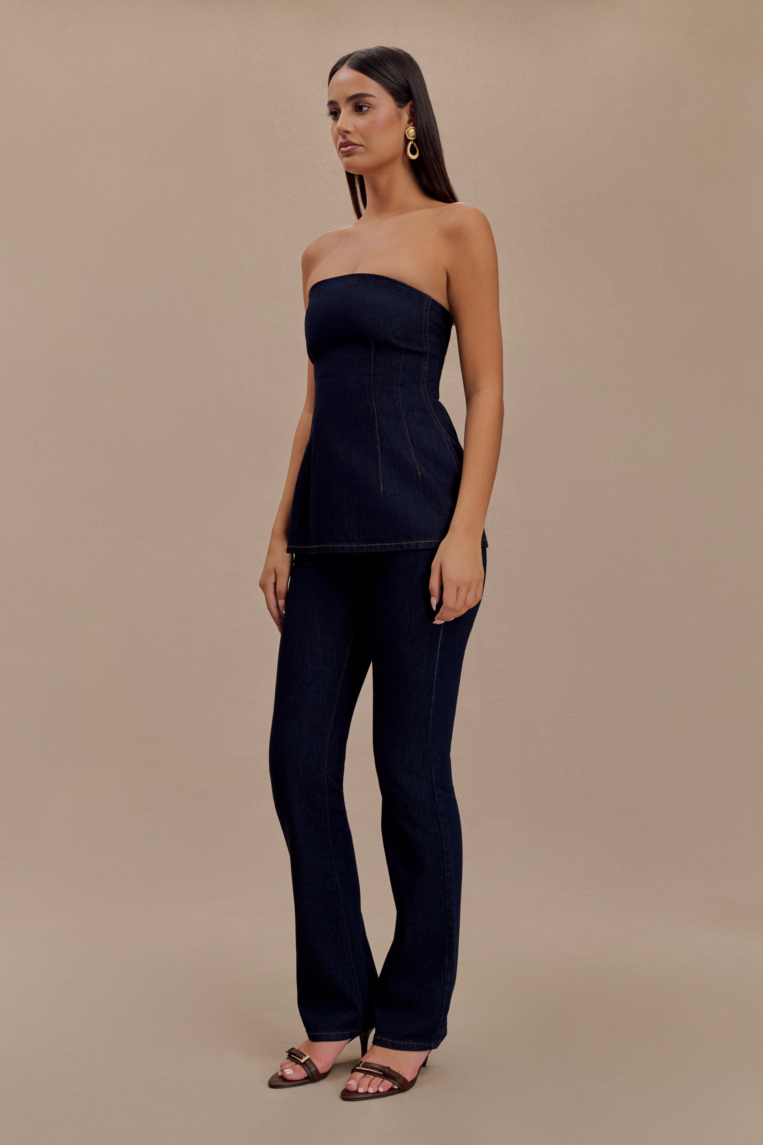 Madelyn Strapless Longline Denim Top - Indigo Blue | MESHKI US