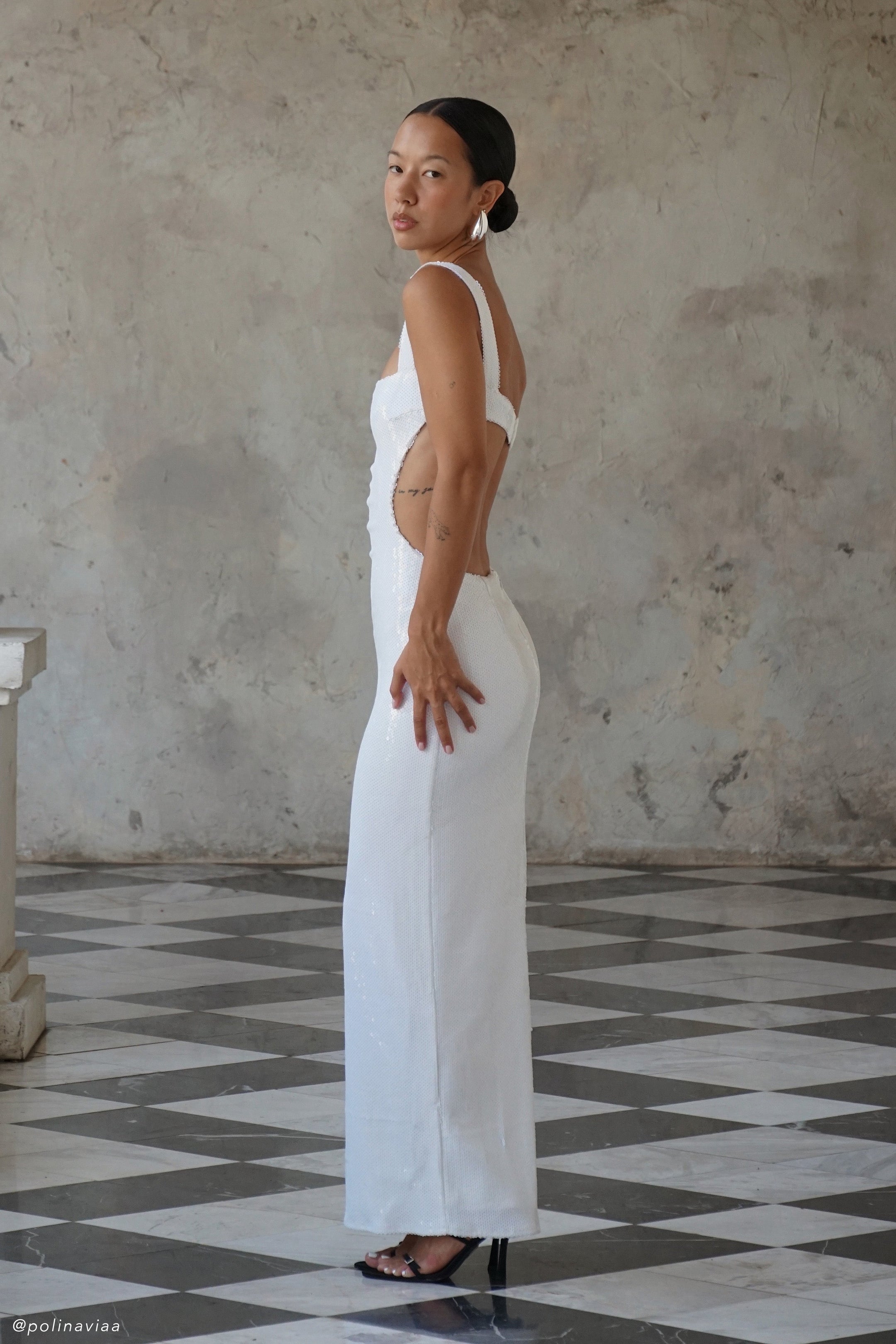 SEQUIN DEEP V CUTOUT MAXI DRESS IN WHITE