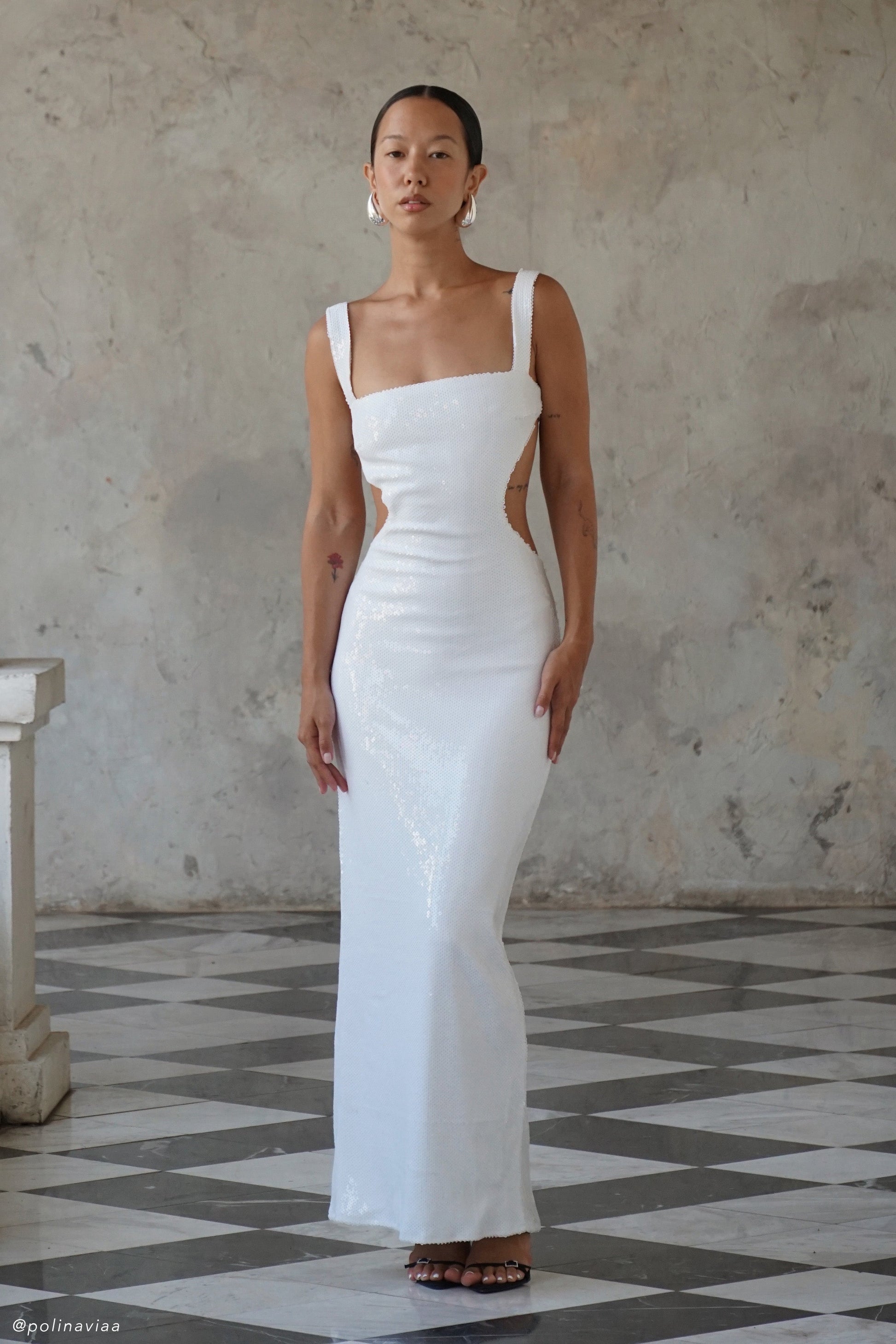 Adoria Sequin Cut Out Maxi Dress - White | MESHKI US Adoria Sequin Cut Out Maxi Dress - White | MESHKI US