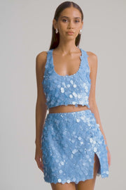 Maude Transparent Sequin Mini Skirt With Split - Cornflower Blue