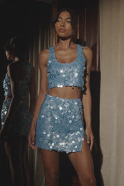 Maude Transparent Sequin Mini Skirt With Split - Cornflower Blue