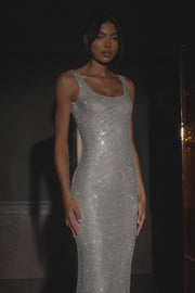 Annika Diamante Mesh Maxi Dress - Silver