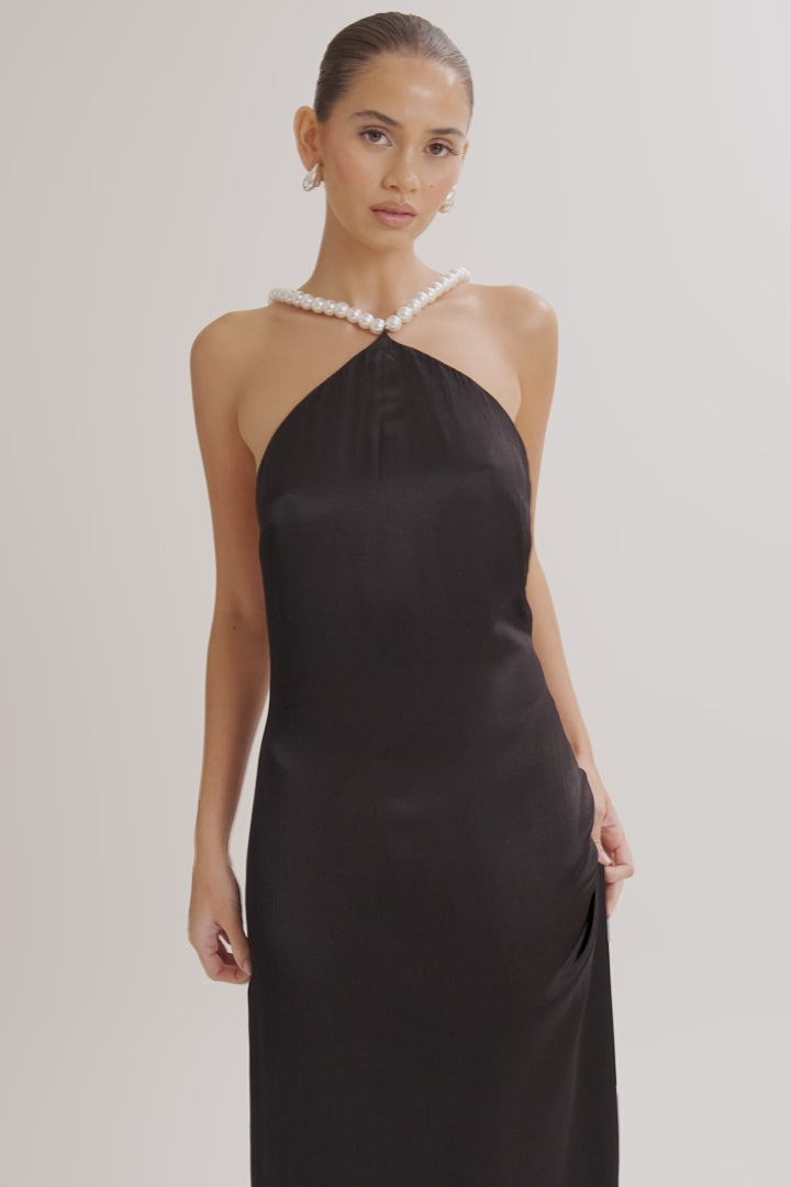 Blanche Satin Pearl Halter Maxi Dress - Black - MESHKI U.S