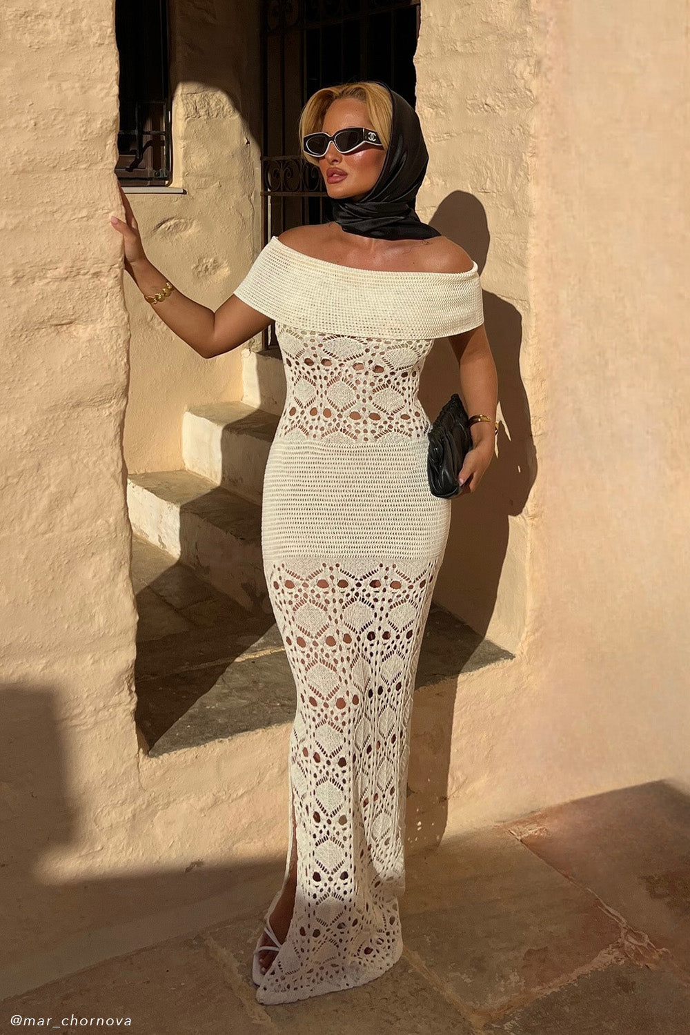 Solstice Off Shoulder Crochet Knit Maxi Dress / Ivory | MESHKI | S Solstice Off Shoulder Crochet Knit Maxi Dress / Ivory | MESHKI | S