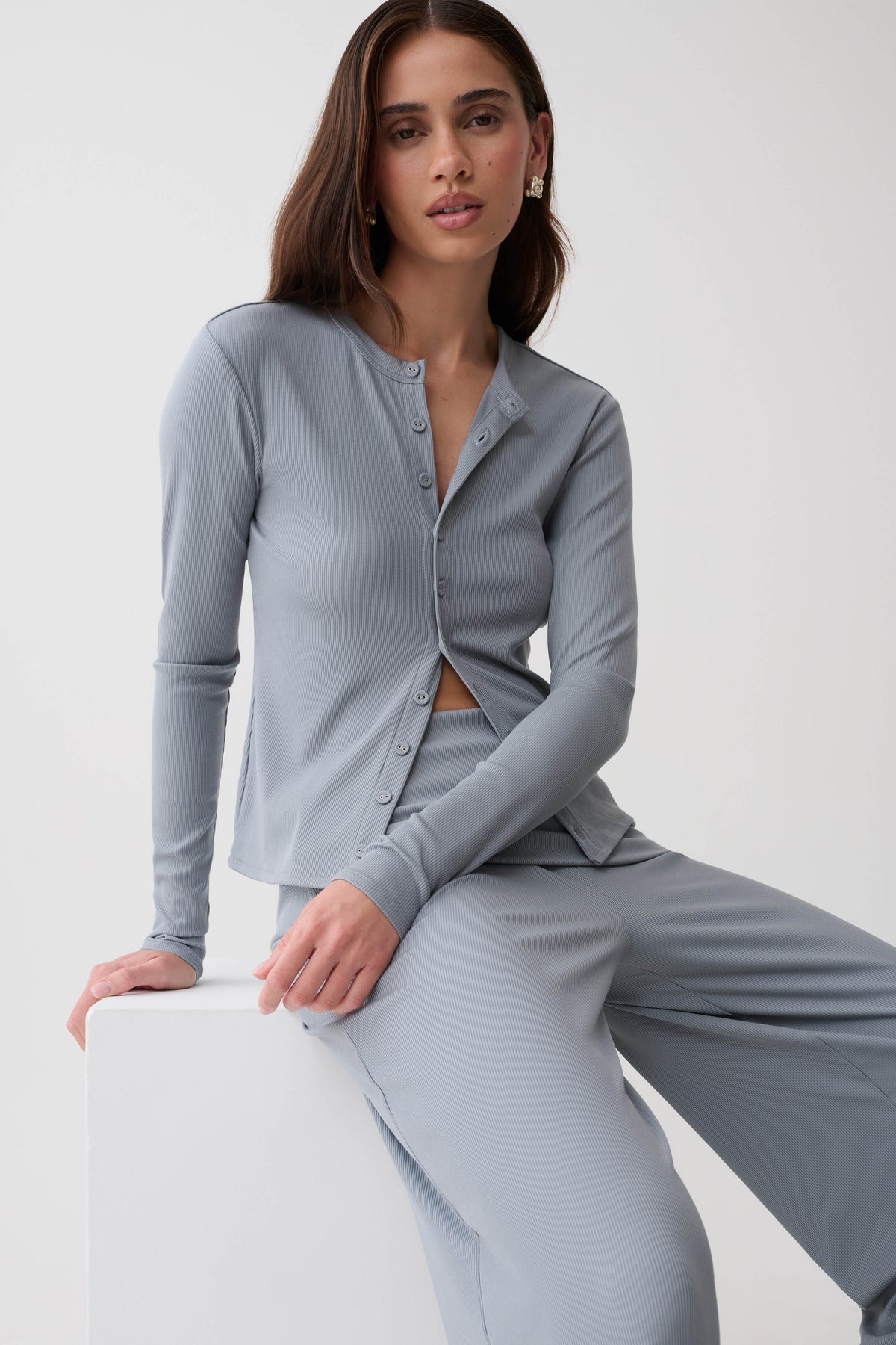 Evadne Button Down Jersey Cardigan - Steel Blue #3