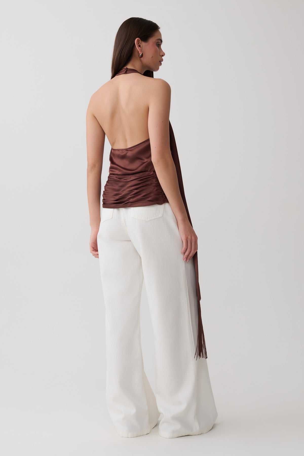 Keena Satin Top With Fringe Scarf - Dark Chocolate