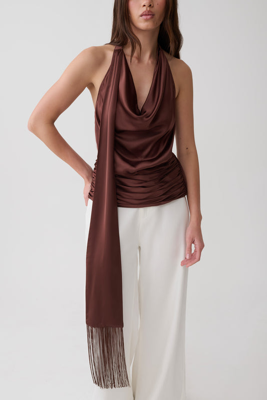 Keena Satin Top With Fringe Scarf - Dark Chocolate