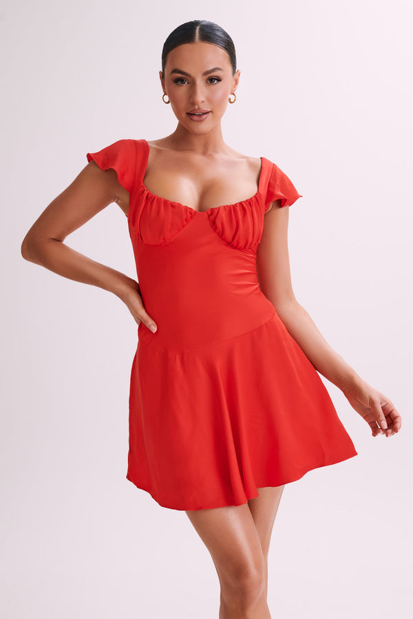 Carson Ruched Satin Mini Dress - Red
