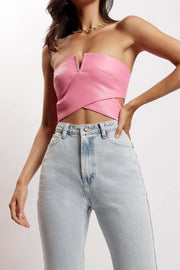 Perrie Faux Leather Cut Out Crop Top - Pink