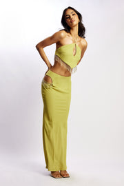 Jayleen Keyhole Triangle Halter Top With Fringe - Chartreuse